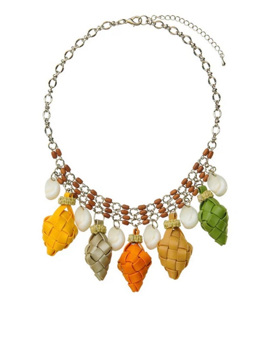 HANDMADE, UNIQUE, STATEMENT NK. Multicolor Woven Heart Charms w/Shell-Wood Beads